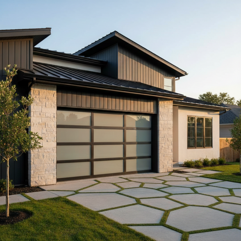 Newly installed garage door on a modern home