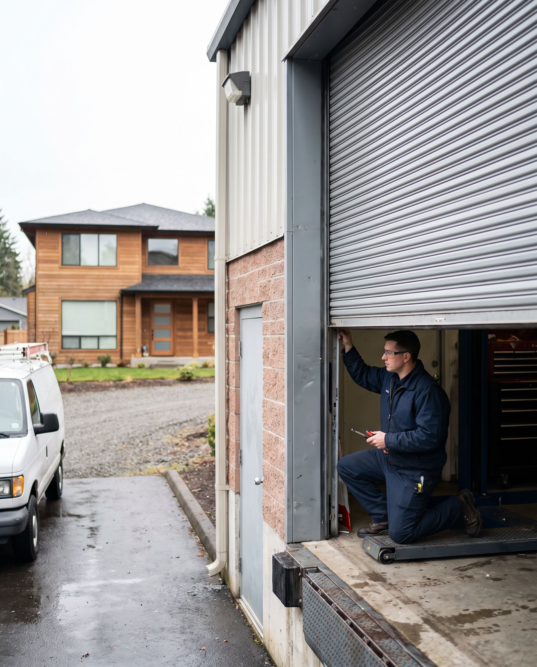 Evergreen Garage Door Repair technician and service van at a Washington home
