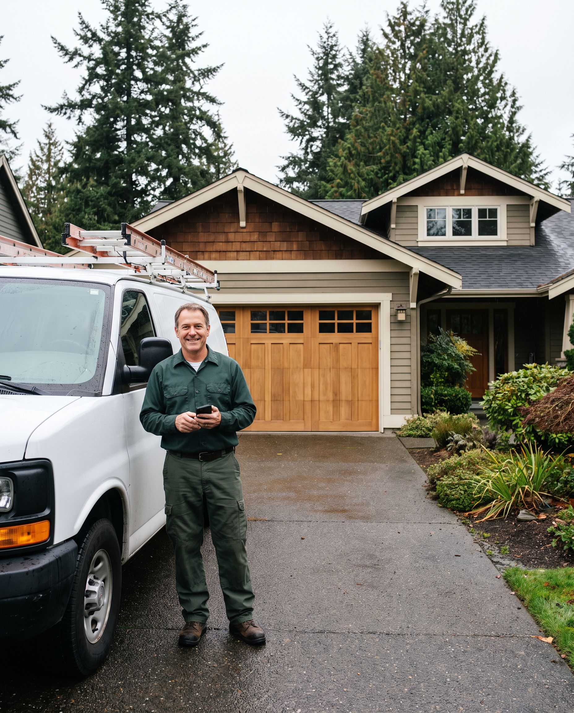 Evergreen Garage Door Repair technician and service van at a Washington home