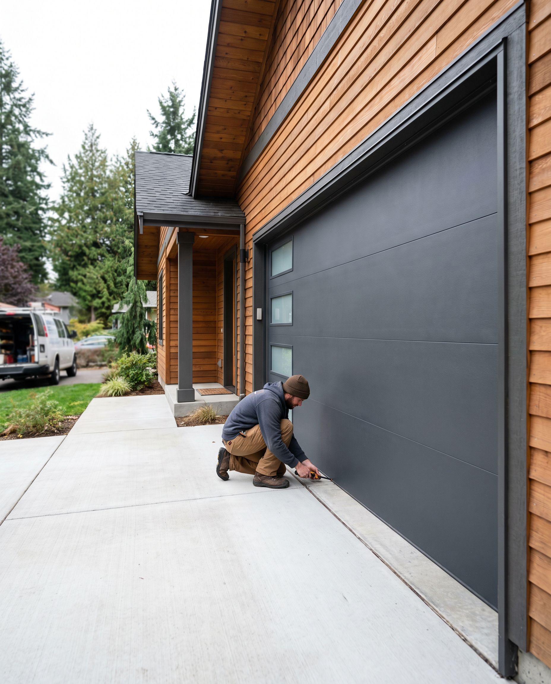 Evergreen Garage Door Repair technician and service van at a Washington home