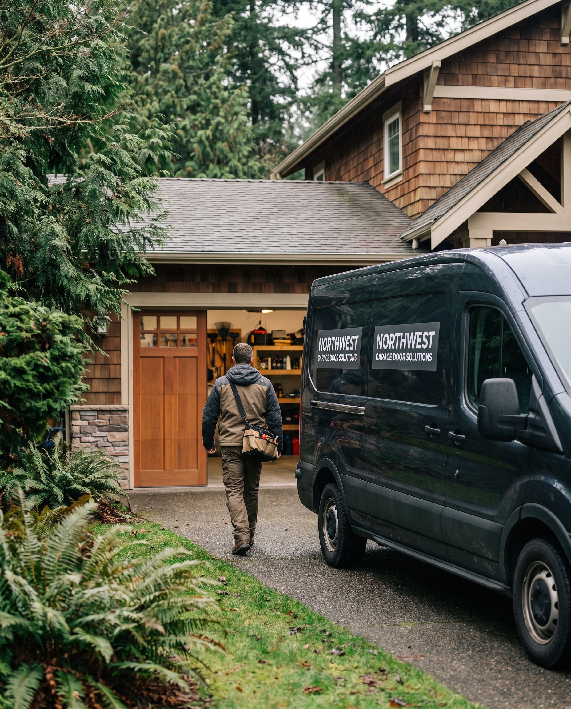 Evergreen Garage Door Repair technician and service van at a Washington home